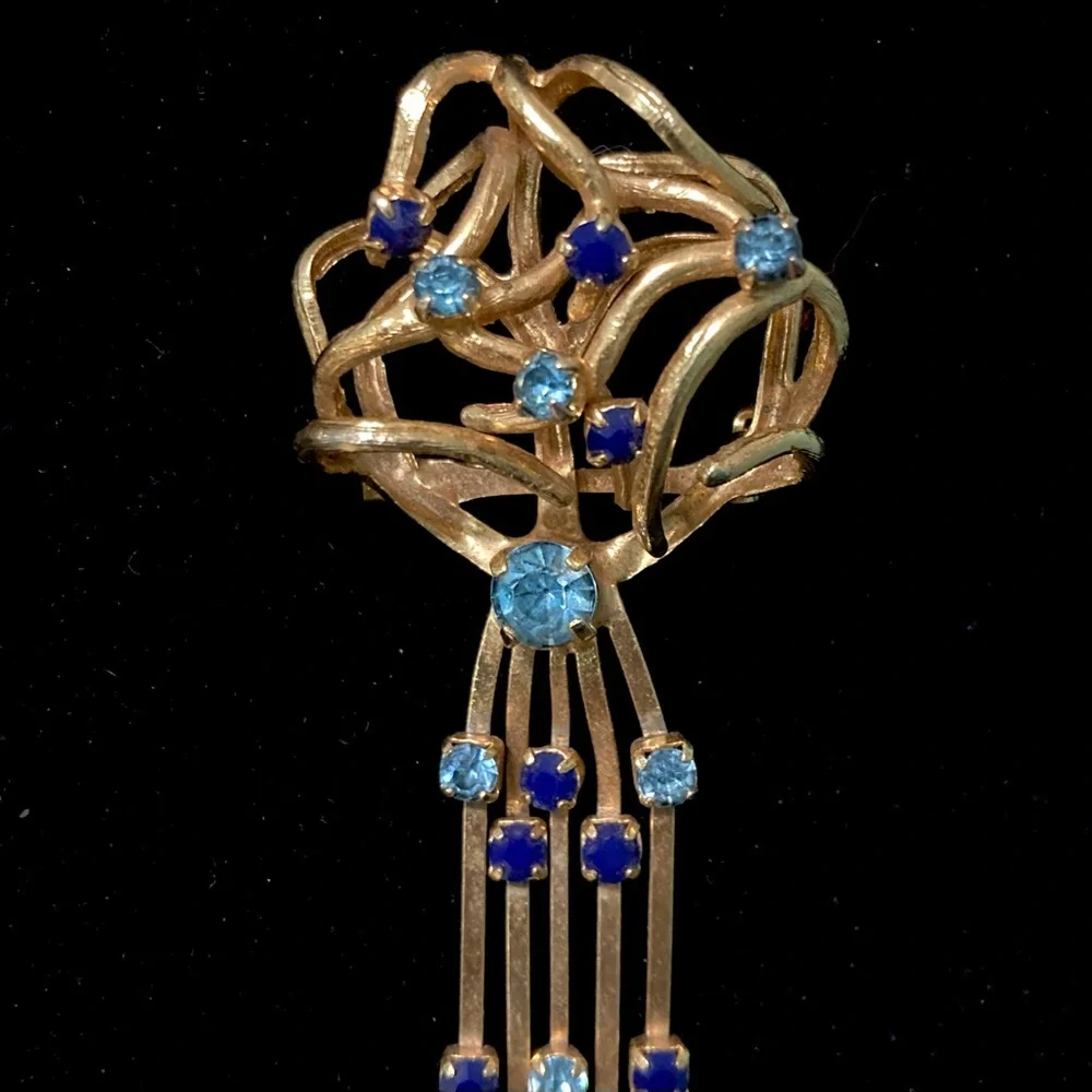 Vintage Made in Austria Blue Rhinestone Gold-tone Swirl Dangle Fringe Design 4